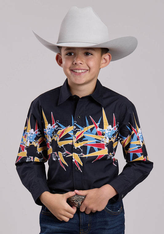 Roper Boys Roper Star Bull Border Long Sleeve Snap Shirt