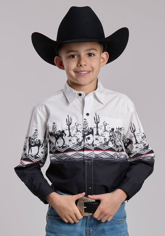 Roper Boys Roper Cactus Scene Border Western Snap Shirt