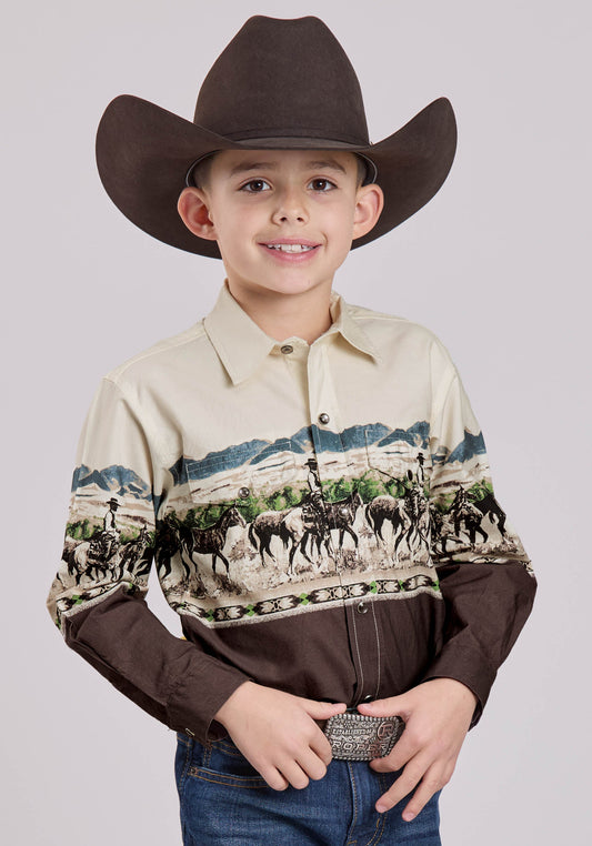 Roper Boys Long Sleeve Snap Country Trails Scenic Border Western Shirt
