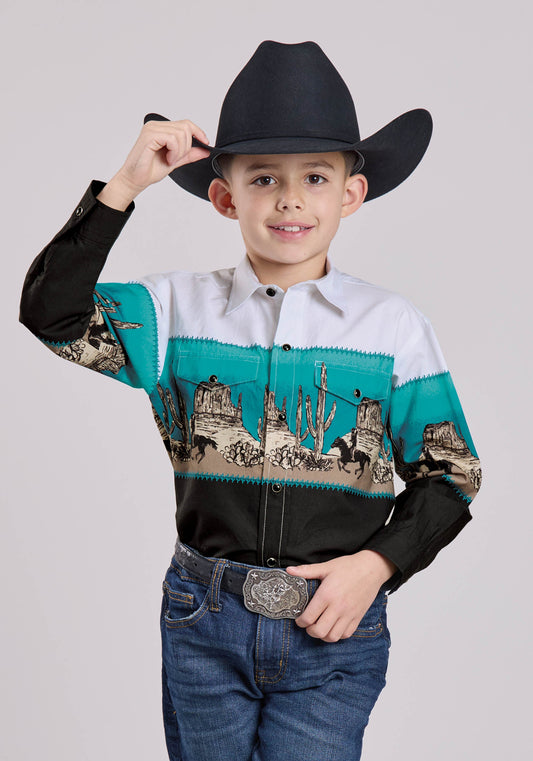 Roper Boys Long Sleeve Snap Scenic Border Western Shirt