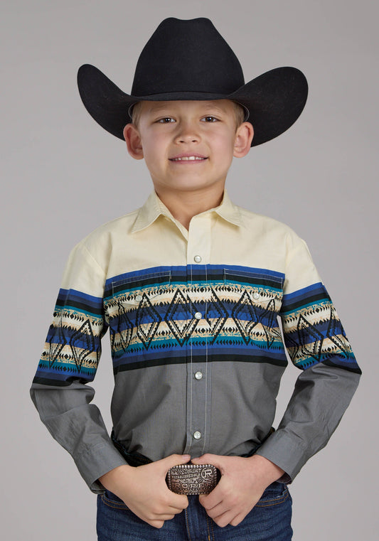 Roper Boys Retro Diamond Border Long Sleeve Snap Western Shirt