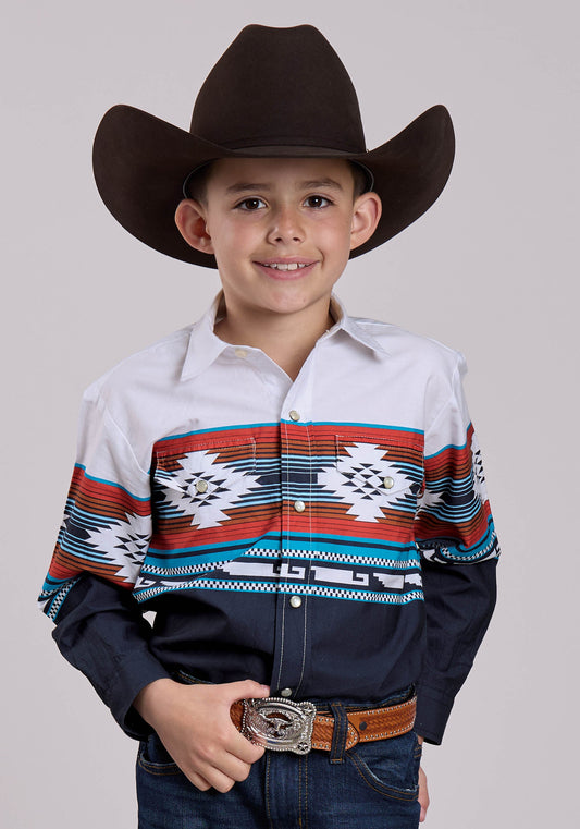 Roper Boys Long Sleeve Snap Horizontal Aztec Ombre Border Print Western Shirt