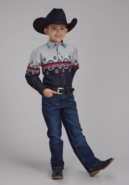Roper Boys Ombre Aztec Border Long Sleeve Snap Western Shirt