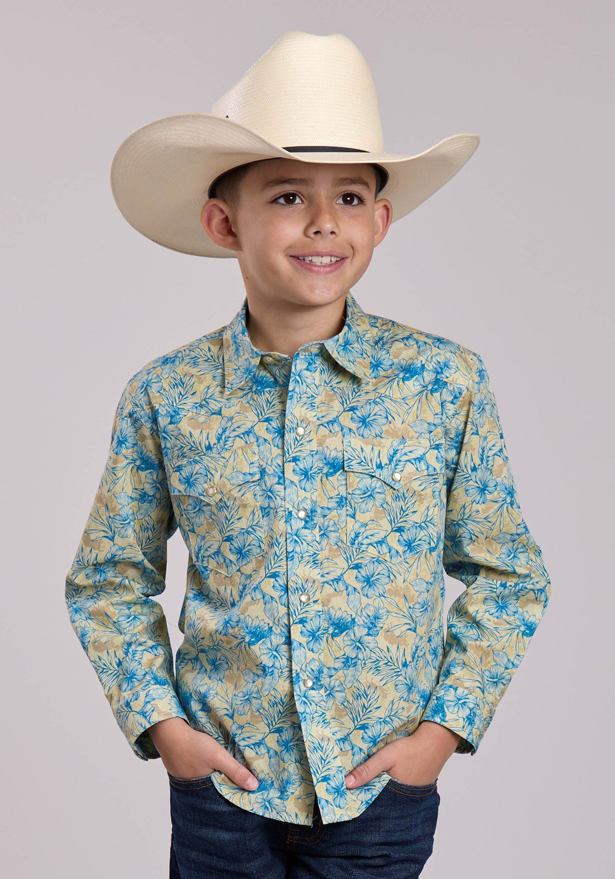 Roper Boys Roper Hibiscus Dreams Print Long Sleeve Snap Shirt
