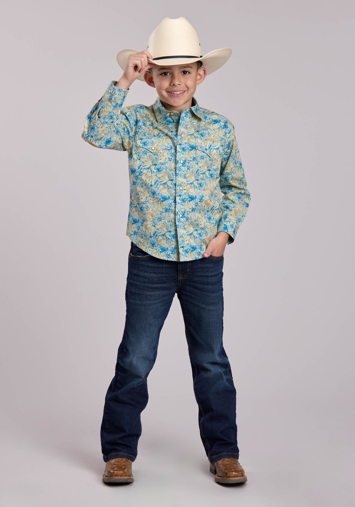 Roper Boys Roper Hibiscus Dreams Print Long Sleeve Snap Shirt