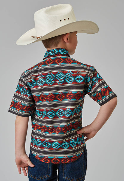 Roper Boys Short Sleeve Snap Aztec Stripe Print Western Shirt