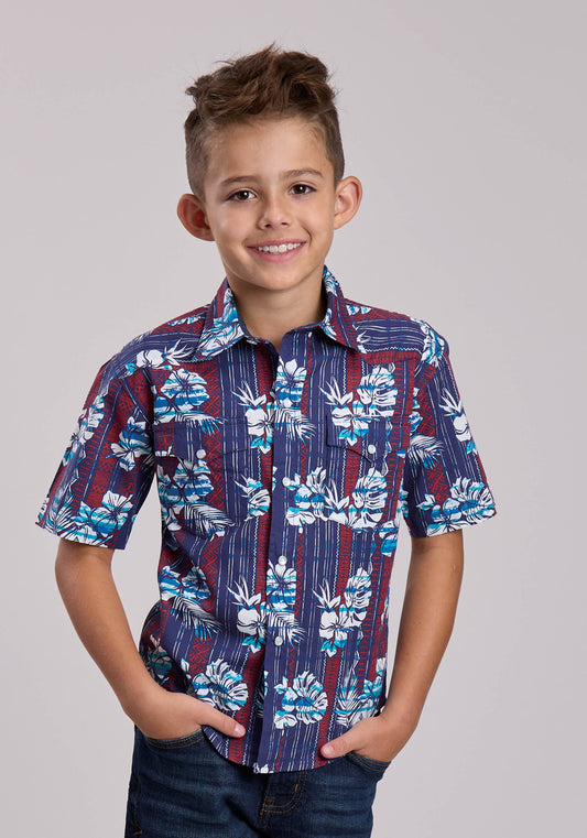 Roper Boys Roper Distressed Tropical Aztec Print Short Sleeve Snap Shirt