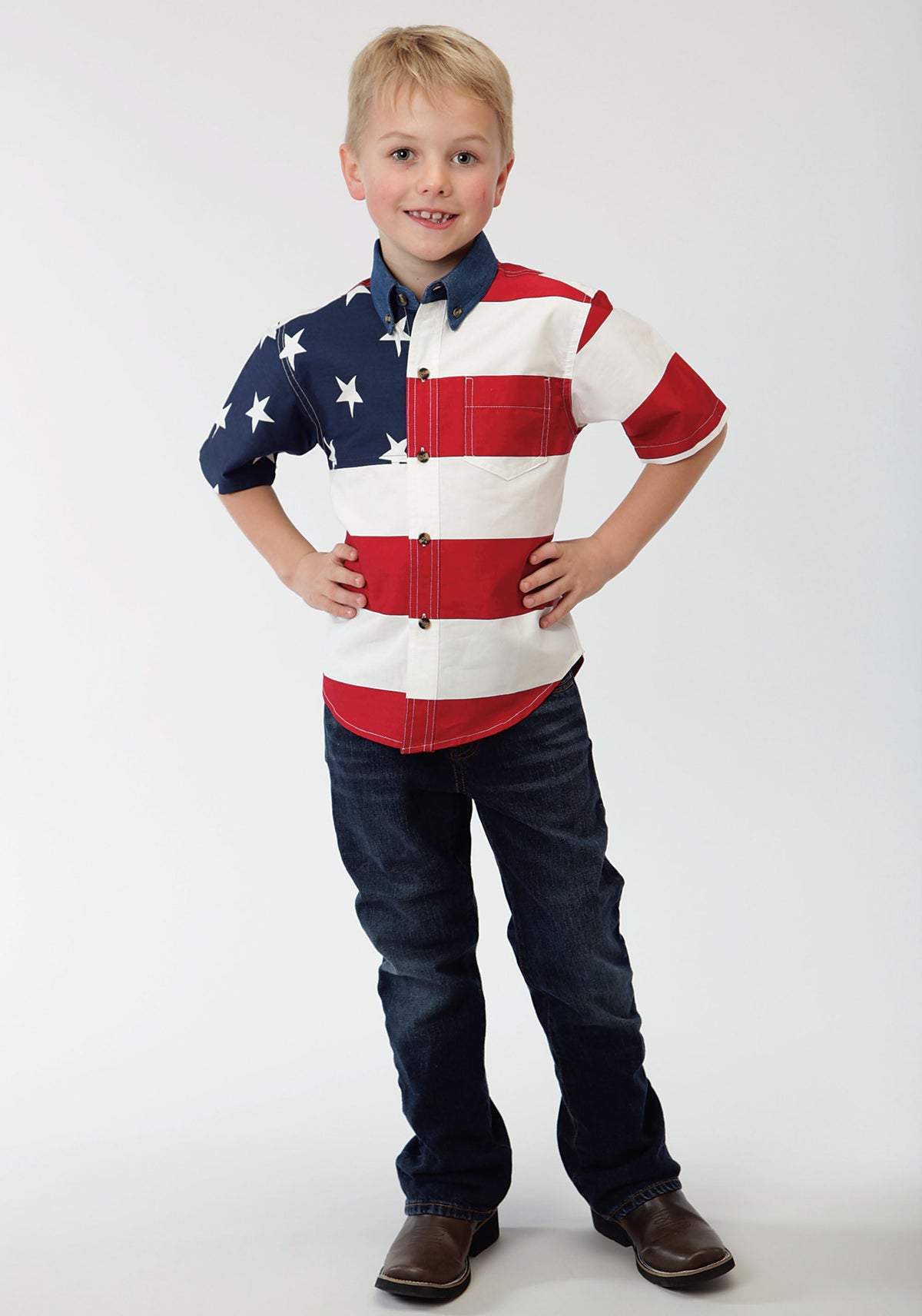 Roper Boys Red White And Blue Stars And Stripes Pieced American Flag Shoprt Sleev