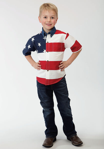 Roper Boys Red White And Blue Stars And Stripes Pieced American Flag Shoprt Sleev