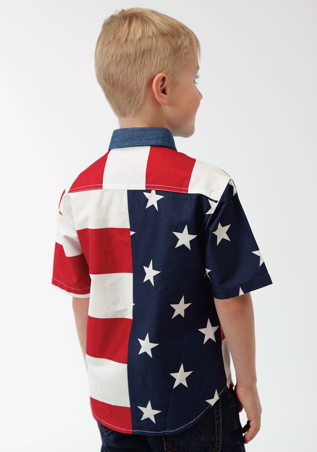 Roper Boys Red White And Blue Stars And Stripes Pieced American Flag Shoprt Sleev