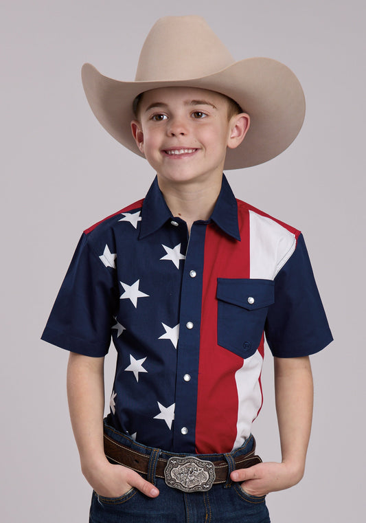 Roper Boys Roper Vertical Stars And Stripe Print Western Snap Shirt