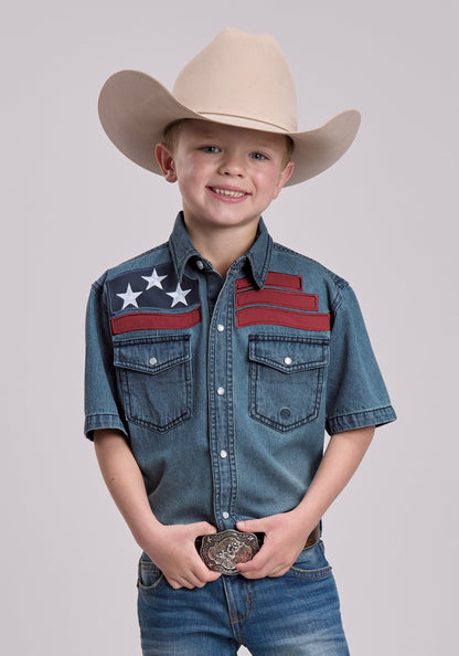 Roper Boys Roper Medium Blue Denim Short Sleeve Snap Shirt