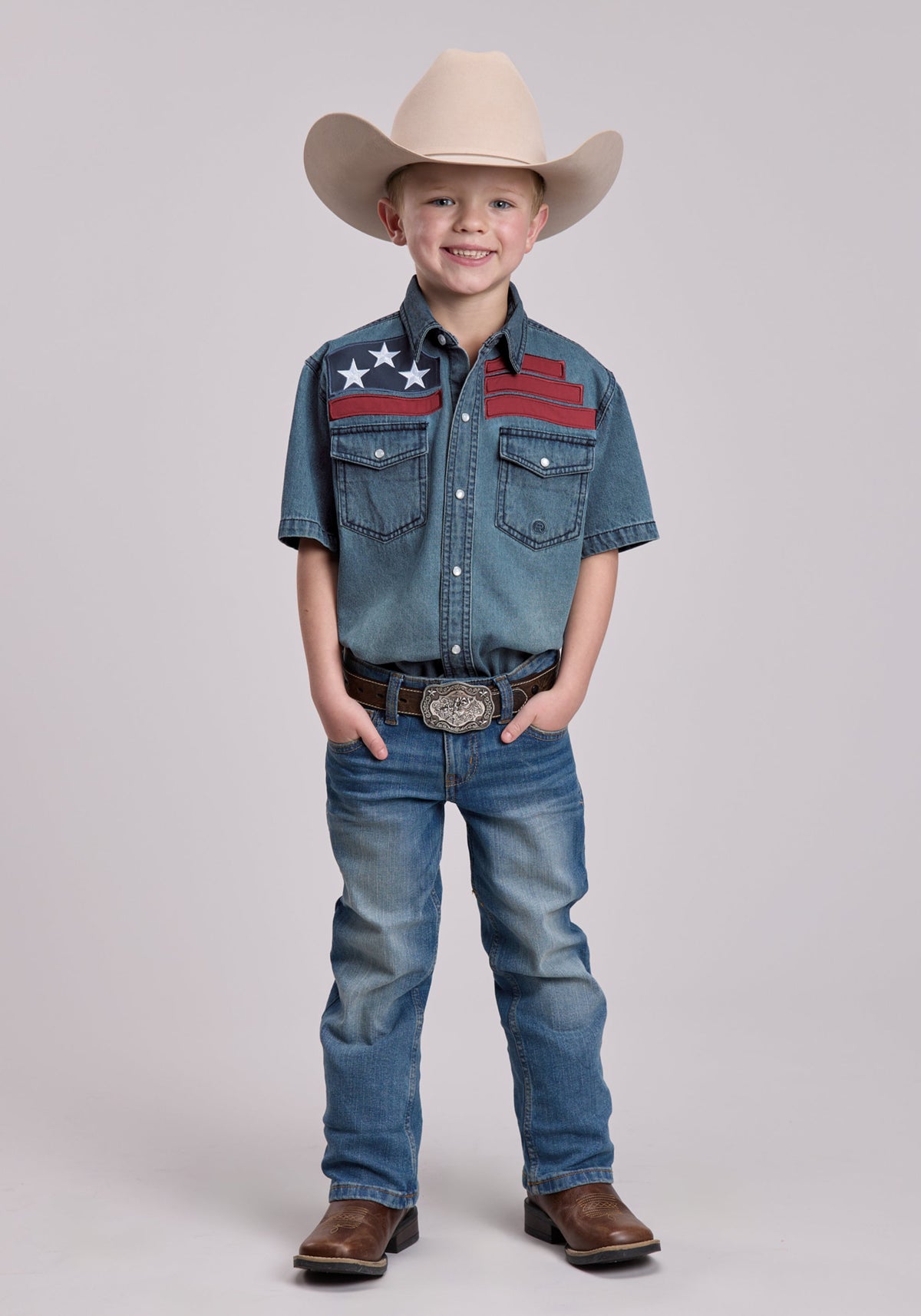 Roper Boys Roper Medium Blue Denim Short Sleeve Snap Shirt
