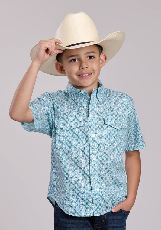Roper Boys Roper Stretch Four Point Foulard Teal Short Sleeve Button Shirt