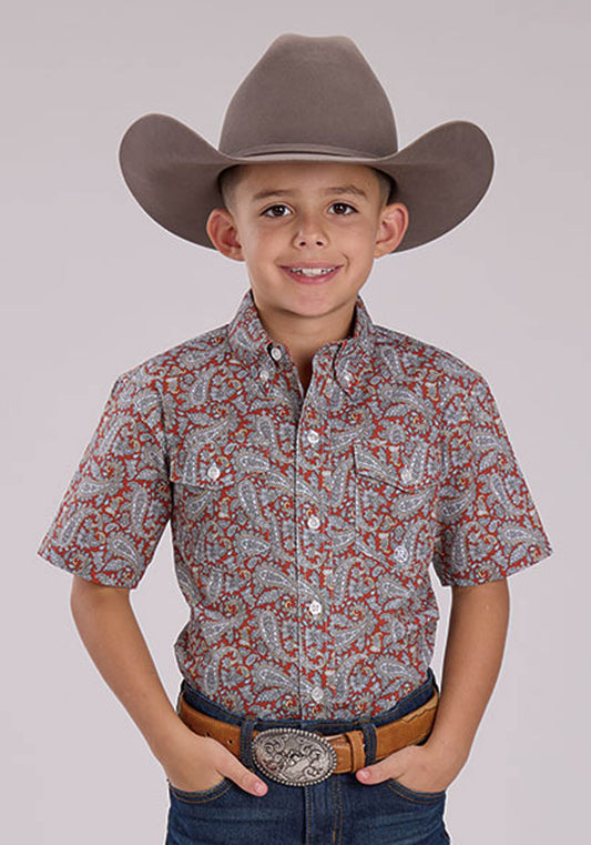 Roper Boys Short Sleeve Button Clay Paisley Western Shirt