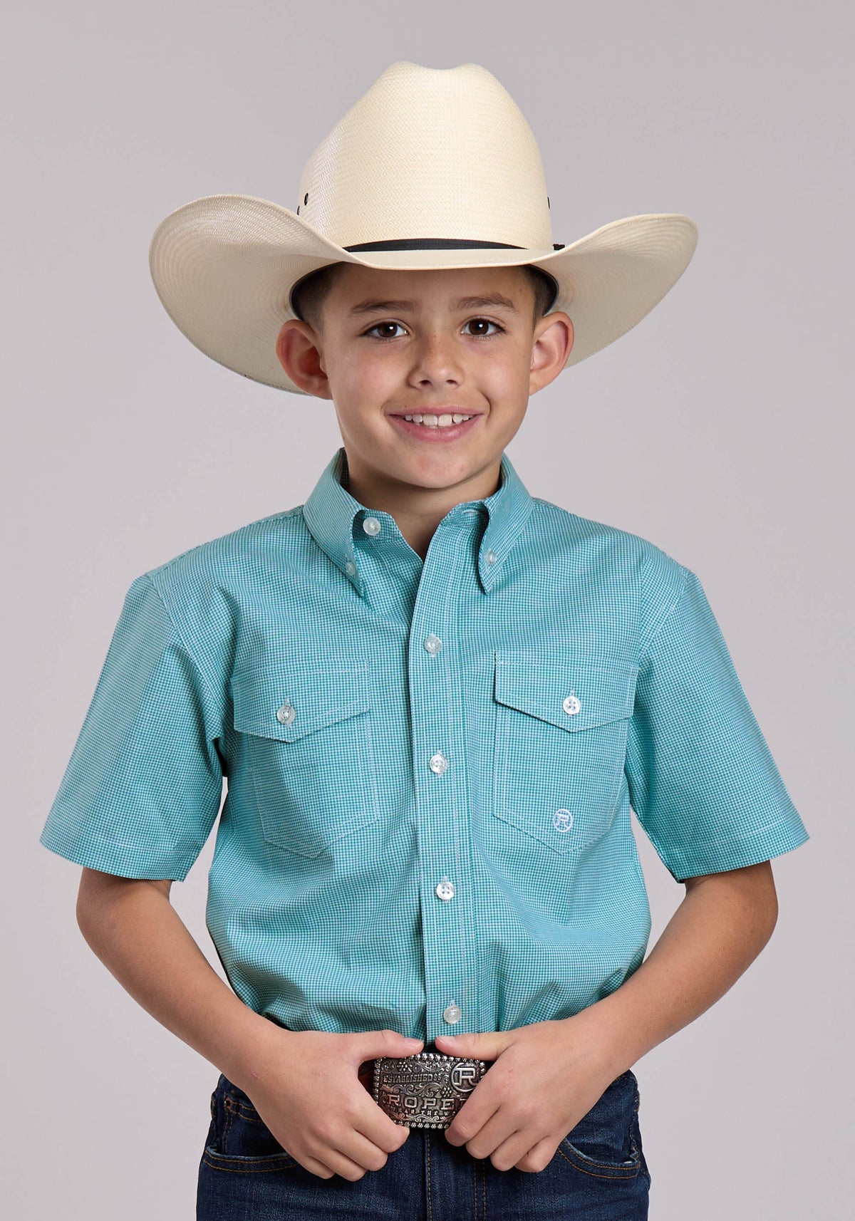 Roper Boys Roper Stretch Minicheck Turquoise Short Sleeve Button Shirt