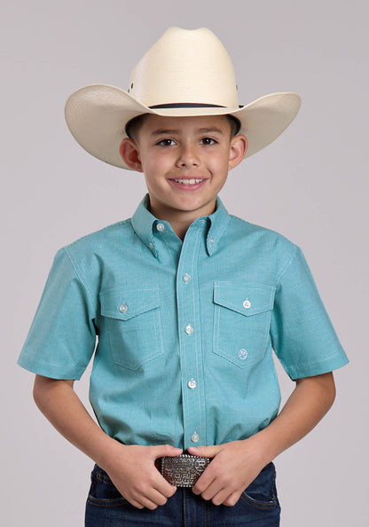 Roper Boys Roper Stretch Minicheck Turquoise Short Sleeve Button Shirt