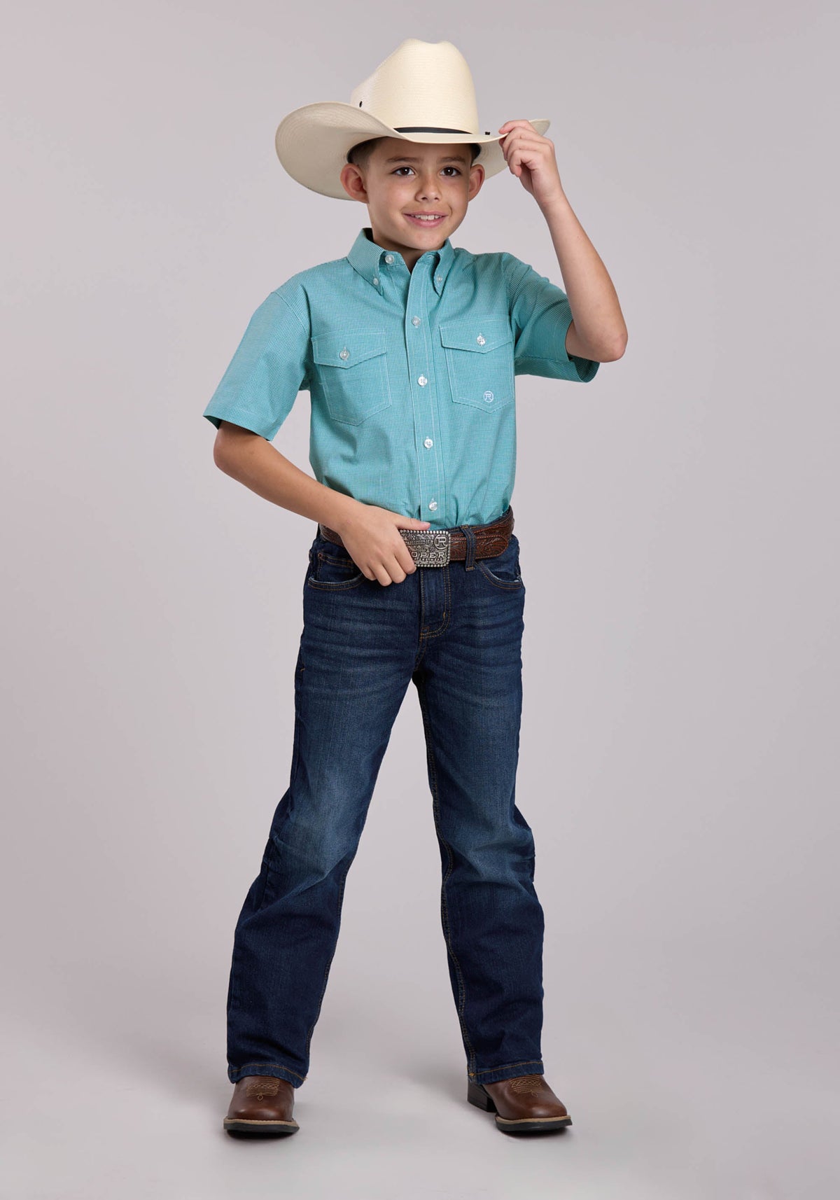 Roper Boys Roper Stretch Minicheck Turquoise Short Sleeve Button Shirt