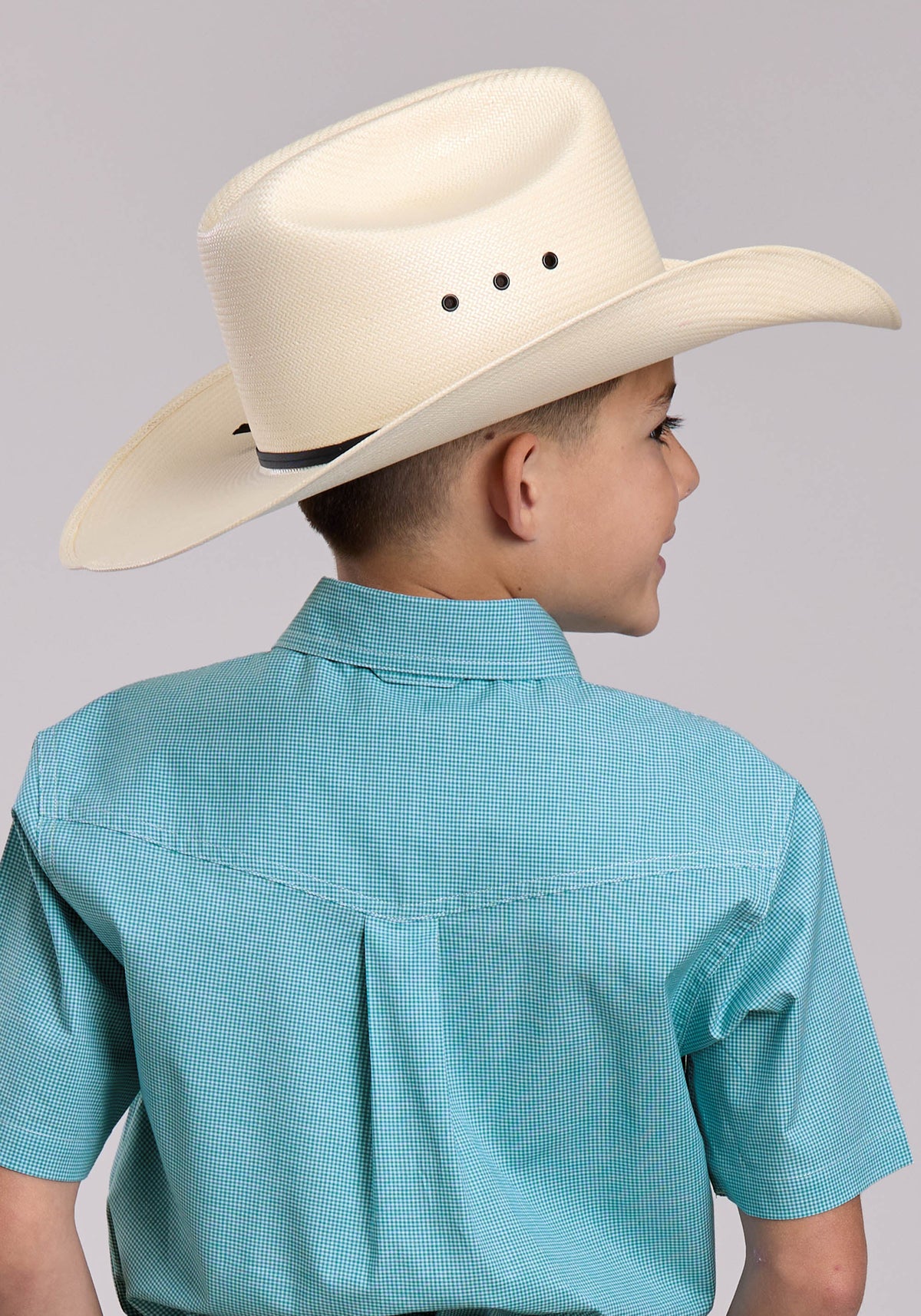 Roper Boys Roper Stretch Minicheck Turquoise Short Sleeve Button Shirt