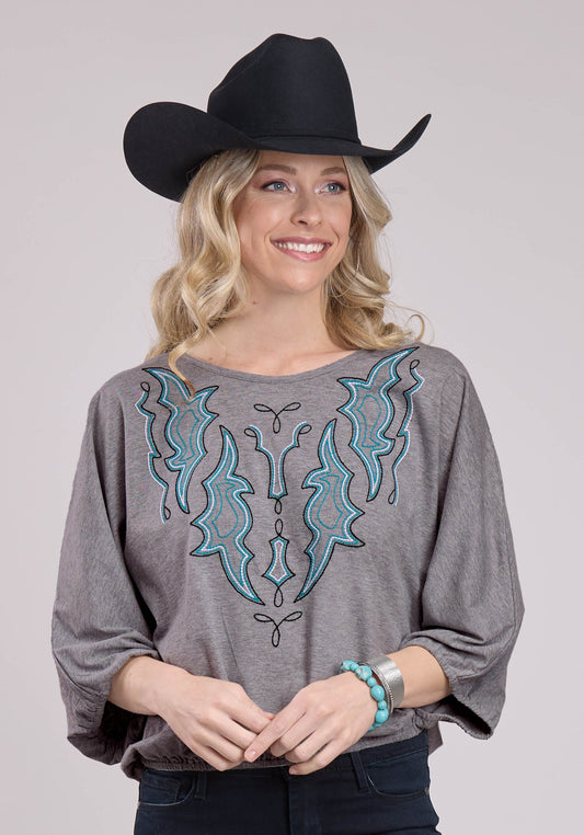 Roper Womens Long Sleeve Pullover Heather Grey Jersey Knit Blouse Western Shirt