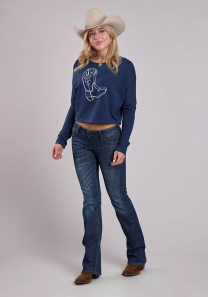 Roper Womens Long Sleeve Pullover Cotton Fleece Wide Neck Sweatshirt Western Shir