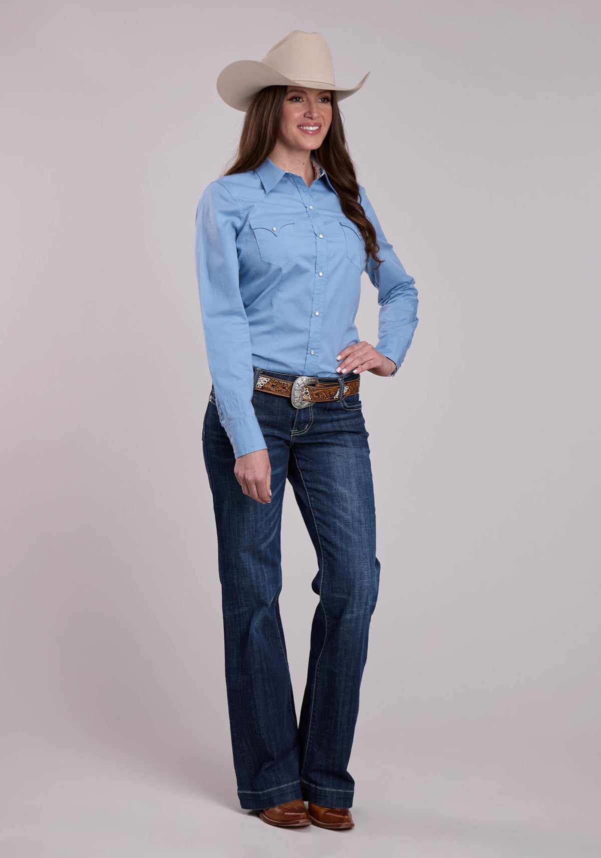 Roper Womens Roper Solid Poplin Chambray Blue Long Sleeve Snap Shirt