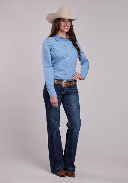 Roper Womens Roper Solid Poplin Chambray Blue Long Sleeve Snap Shirt