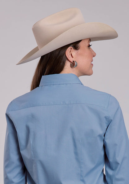 Roper Womens Roper Solid Poplin Chambray Blue Long Sleeve Snap Shirt