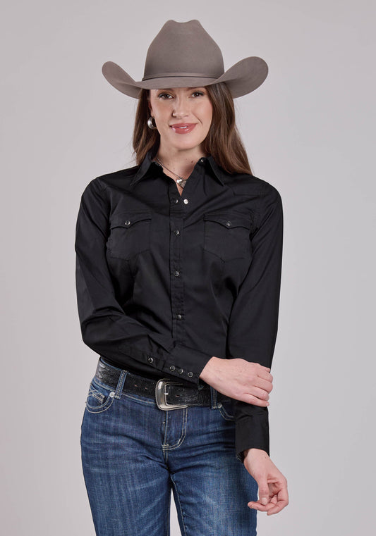 Roper Womens Long Sleeve Snap Solid Poplin - Black Western Shirt