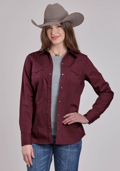 Roper Womens Roper Solid Poplin Wine Long Sleeve Snap Shirt