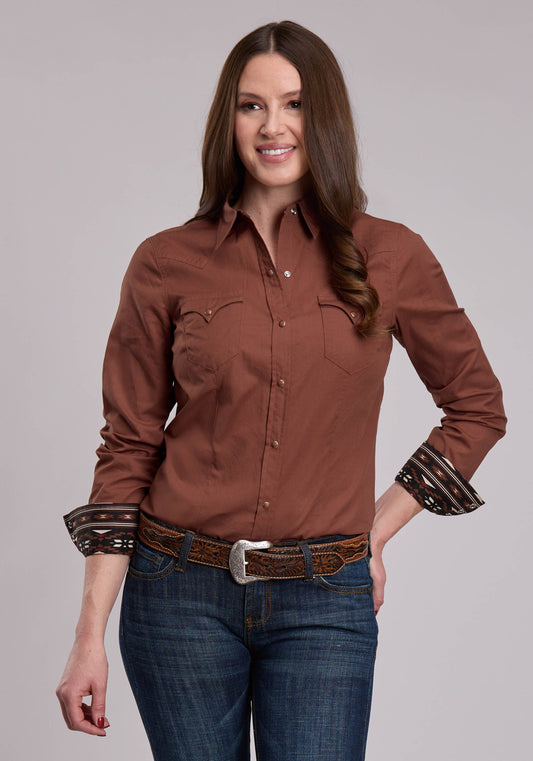 Roper Womens Roper Solid Sienna Brown Western Snap Shirt
