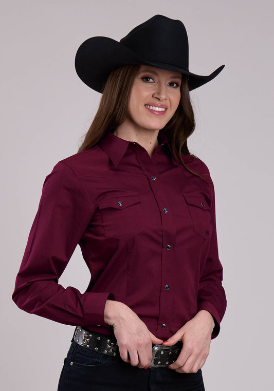 Roper Womens Long Sleeve Snap Black Fill - Wine Western Shirt