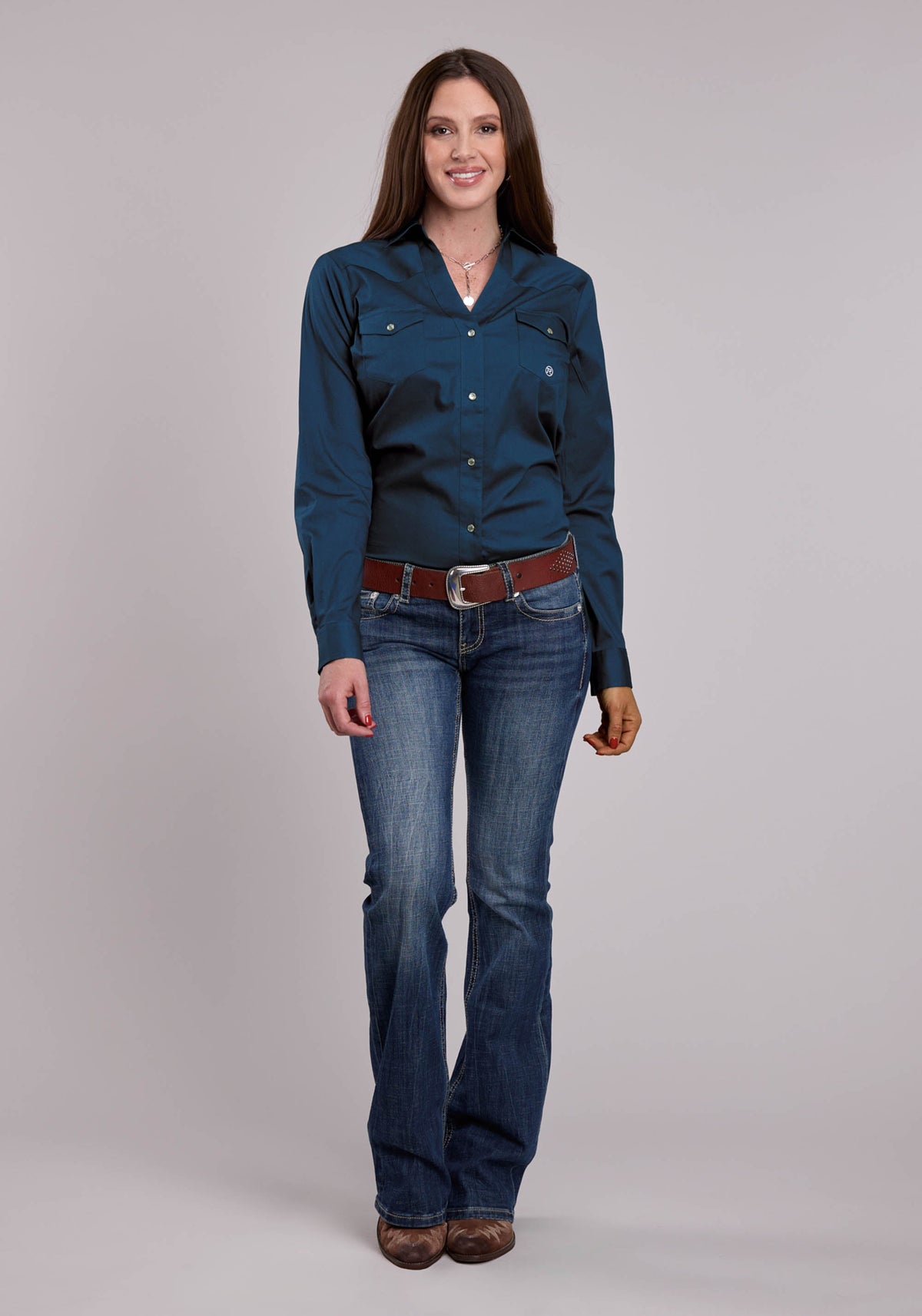 Roper Womens Roper Solid Stretch Poplin Navy Long Sleeve Snap Shirt