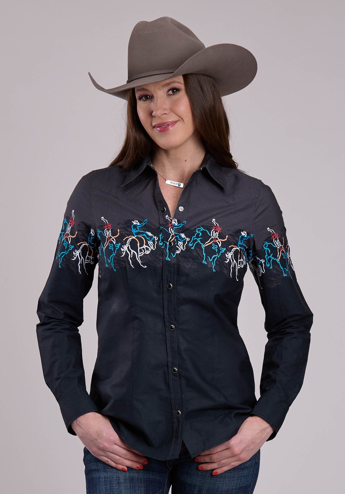 Roper Womens Long Sleeve Snap Painterly Rodeo Border Scenic Print Western Shirt