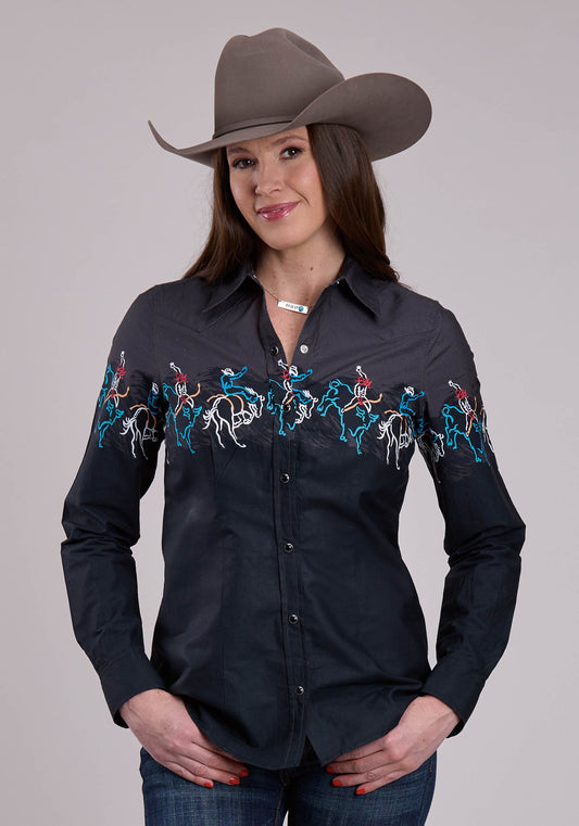 Roper Womens Long Sleeve Snap Painterly Rodeo Border Scenic Print Western Shirt