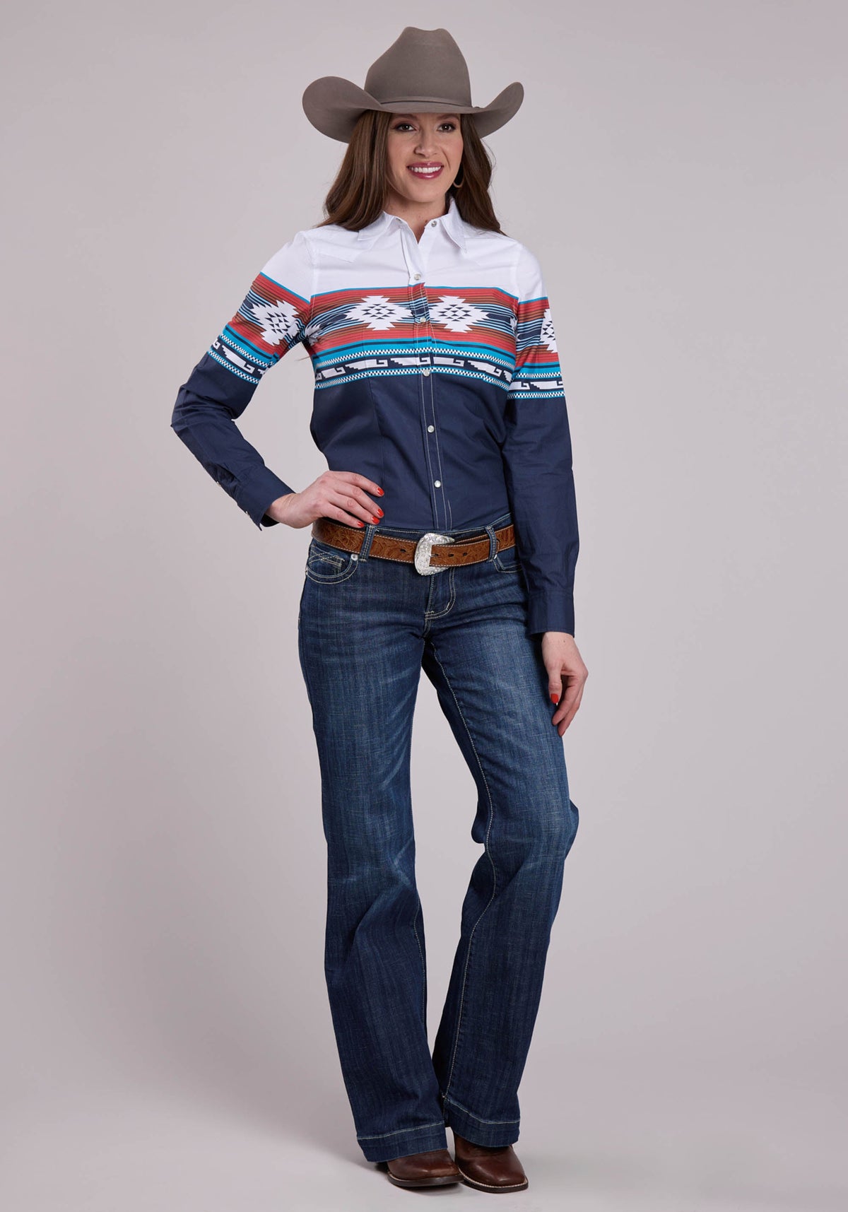 Roper Womens Long Sleeve Snap Horizontal Aztec Ombre Border Print Western Shirt