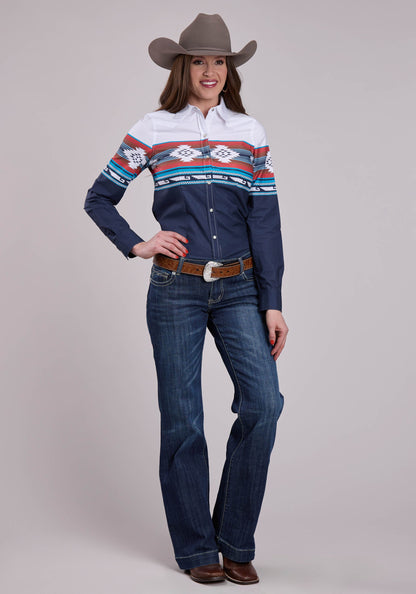 Roper Womens Long Sleeve Snap Horizontal Aztec Ombre Border Print Western Shirt