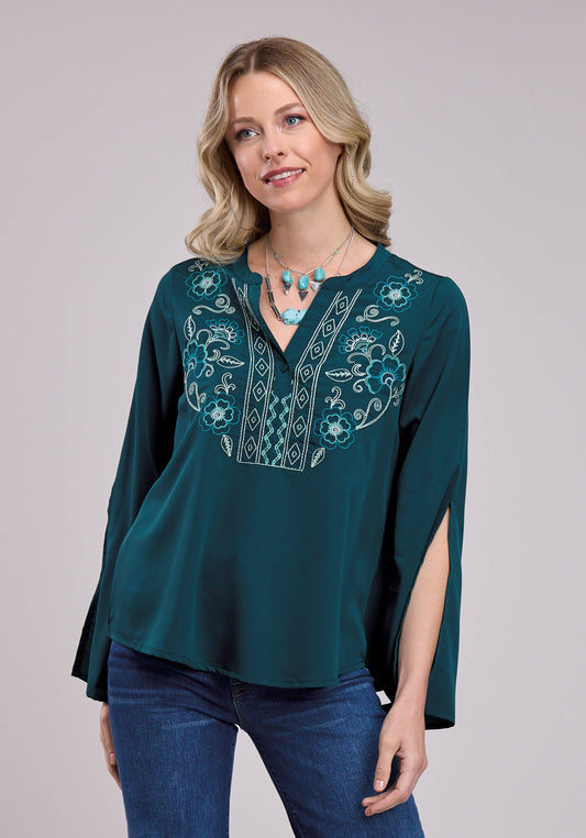 Roper Womens Long Sleeve Button Teal Poly Crepe Tunic W/ Band Cllr Western Shirt