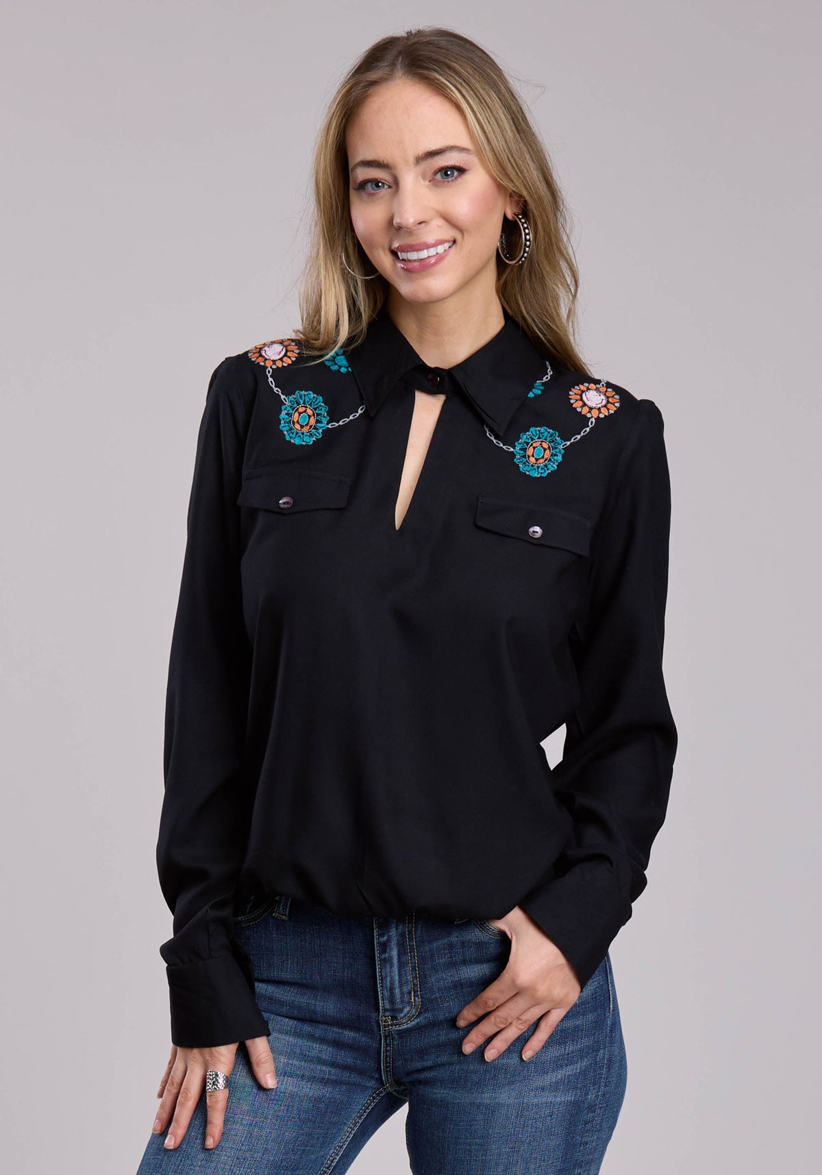 Roper Womens Roper Rayon Challis Faux Wrap Front Long Sleeve Snap Shirt