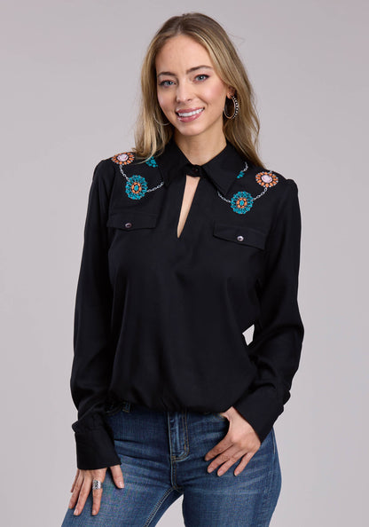 Roper Womens Roper Rayon Challis Faux Wrap Front Long Sleeve Snap Shirt