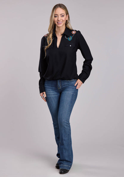 Roper Womens Roper Rayon Challis Faux Wrap Front Long Sleeve Snap Shirt