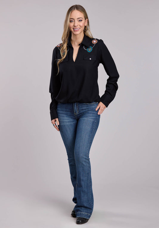 Roper Womens Roper Rayon Challis Faux Wrap Front Long Sleeve Snap Shirt