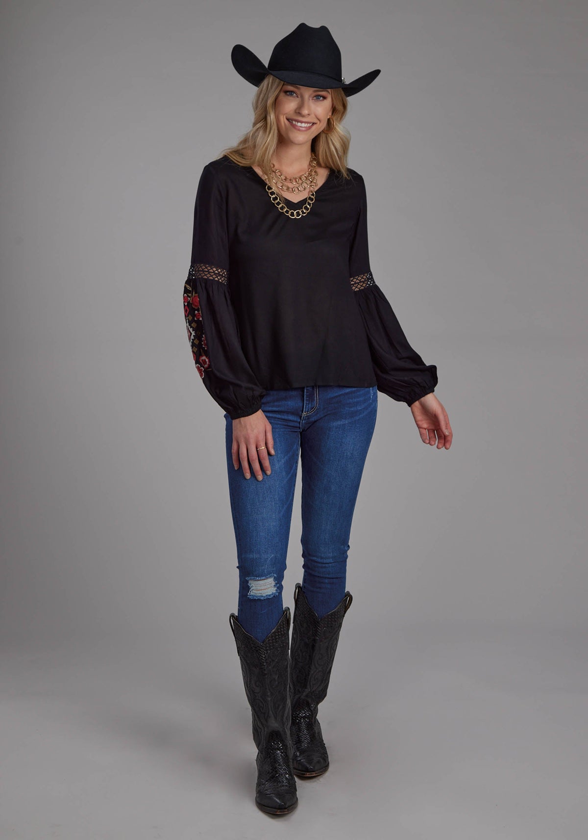 Roper Womens Solid Rayon Challis Blouse Long Sleeve Pullover Western Shirt