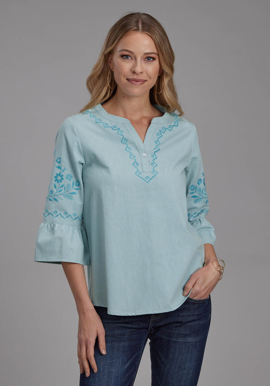 Roper Womens Light Blue Denim Peasant Blouse Long Sleeve Pullover Western Shirt