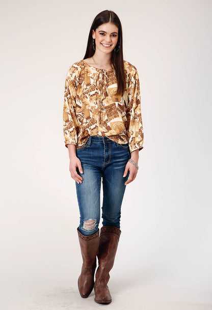 Roper Womens Three Quarter Raglan Sleeve Pullover Collage Print Western Shirt Wit