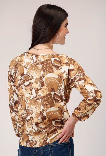 Roper Womens Three Quarter Raglan Sleeve Pullover Collage Print Western Shirt Wit