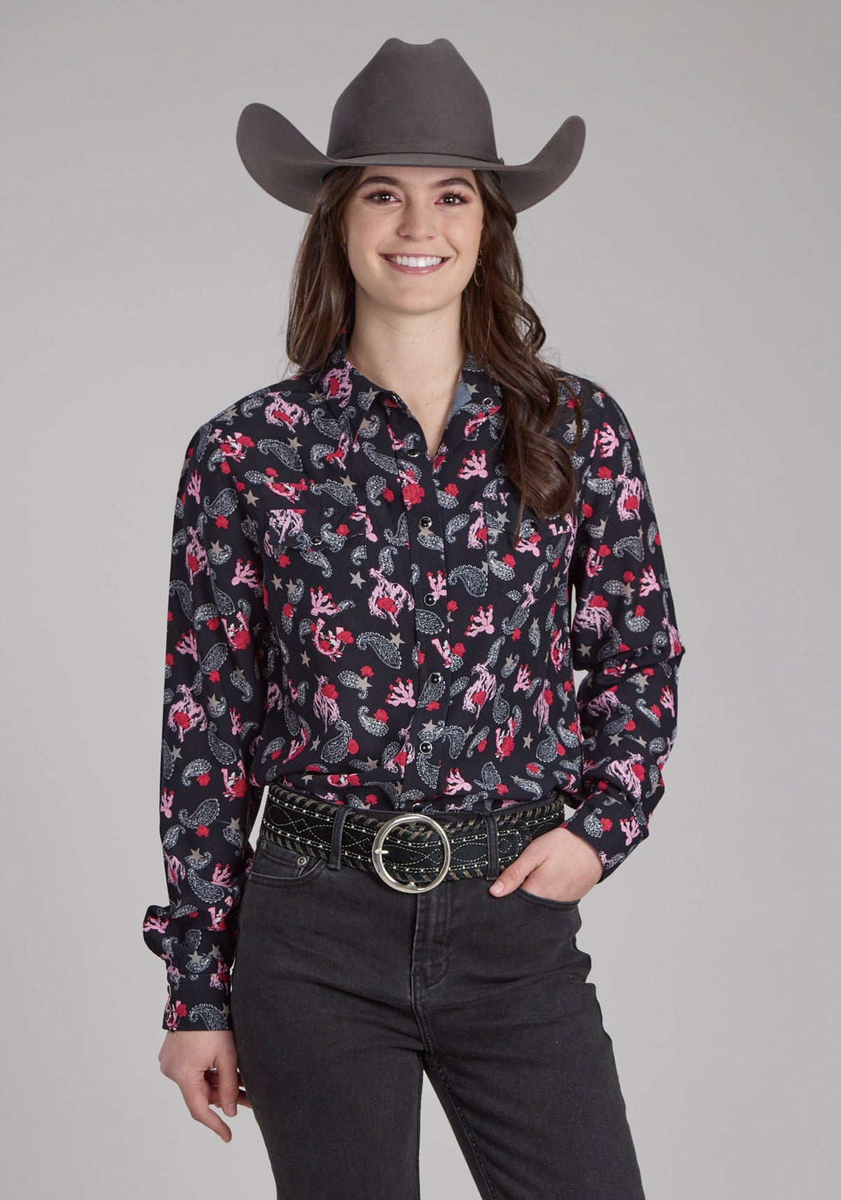 Roper Womens Bronc Riders Printed Rayon Blouse Long Sleeve Snap Western Shirt