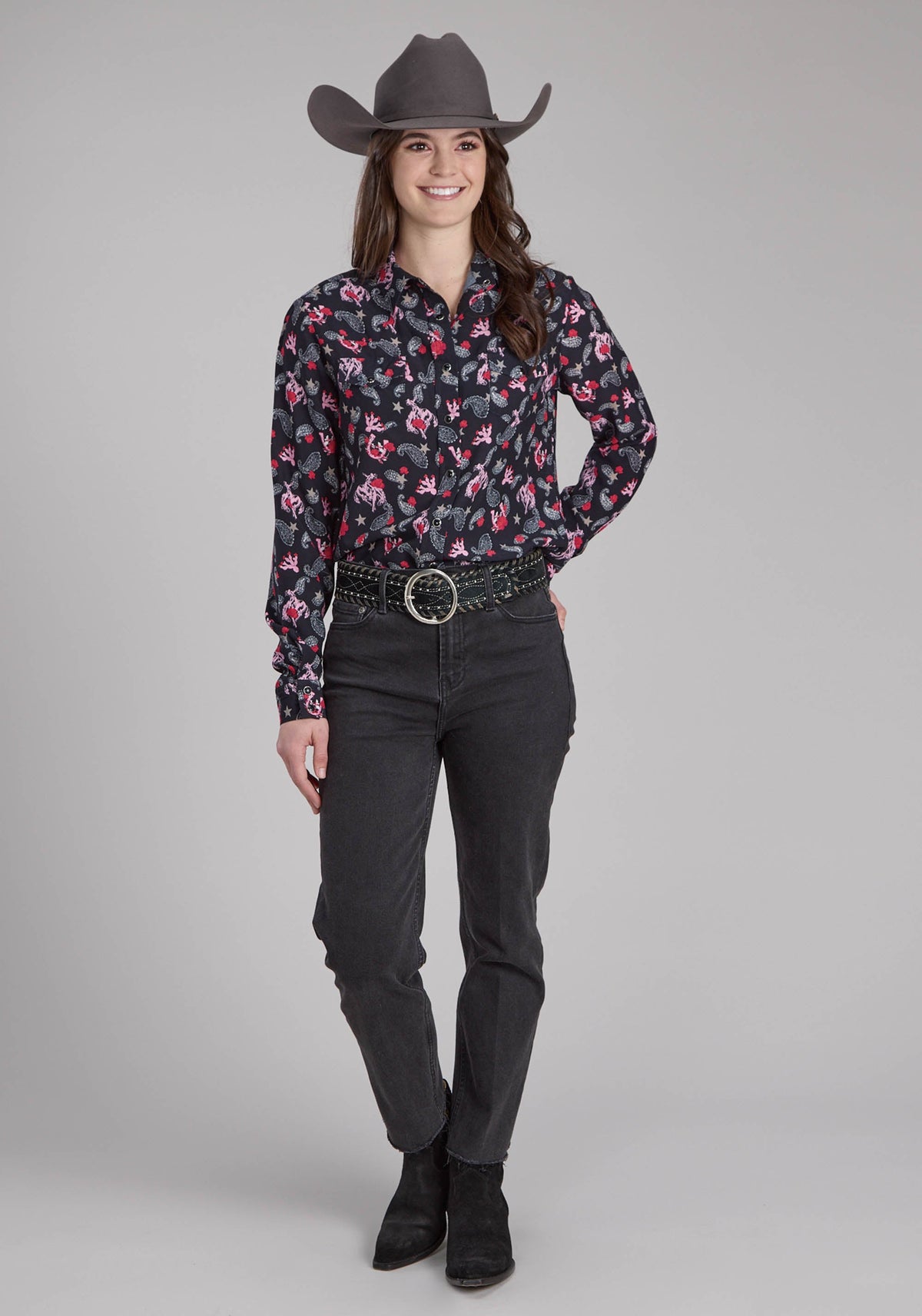 Roper Womens Bronc Riders Printed Rayon Blouse Long Sleeve Snap Western Shirt