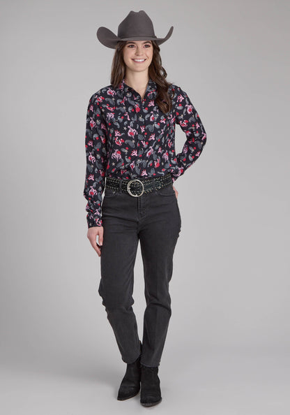 Roper Womens Bronc Riders Printed Rayon Blouse Long Sleeve Snap Western Shirt