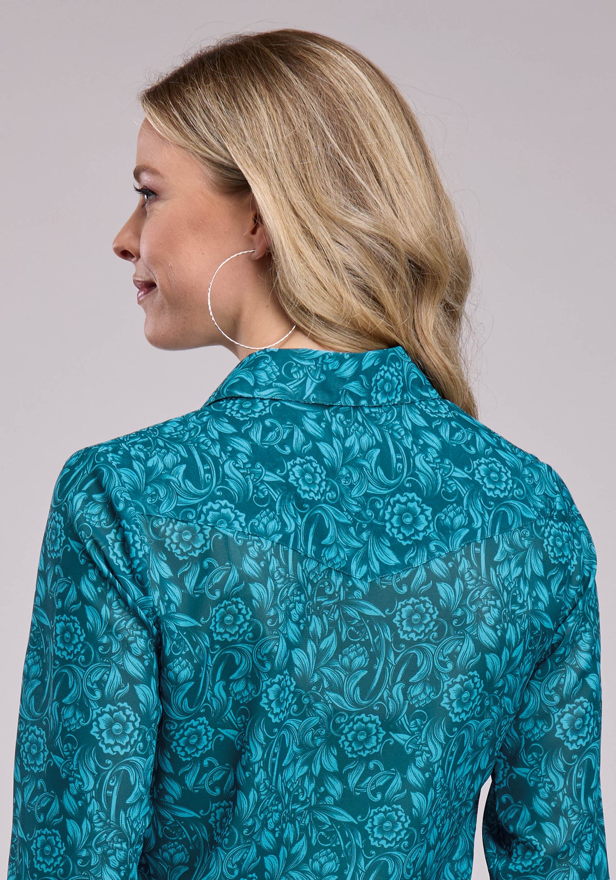 Roper Womens Long Sleeve Button Tooled Floral Print Poly Georgette Western Shirt